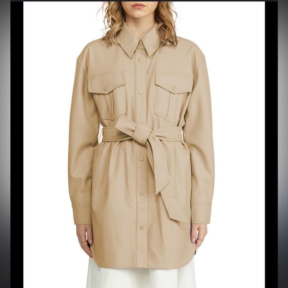 NWT NVLT x Anthropologie Tan Vegan Leather Trench Coat Medium - Picture 1 of 8